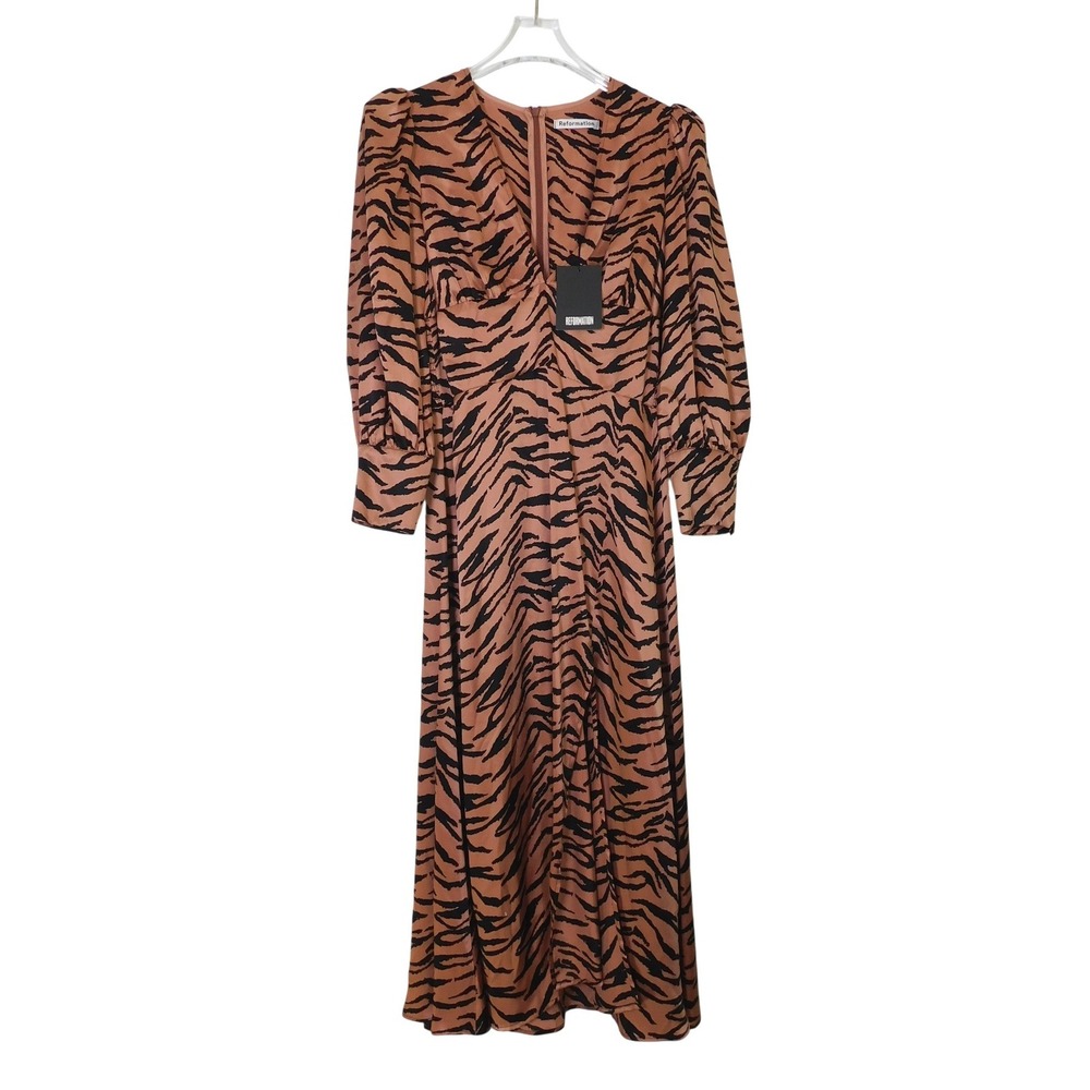 Reformation Keats Dress Tigerlily Silk Midi V-Neck Puff Sleeve Size 4